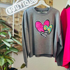 Multi-Color Heart Sequin Applique Gray Cropped Sweatshirt XXL